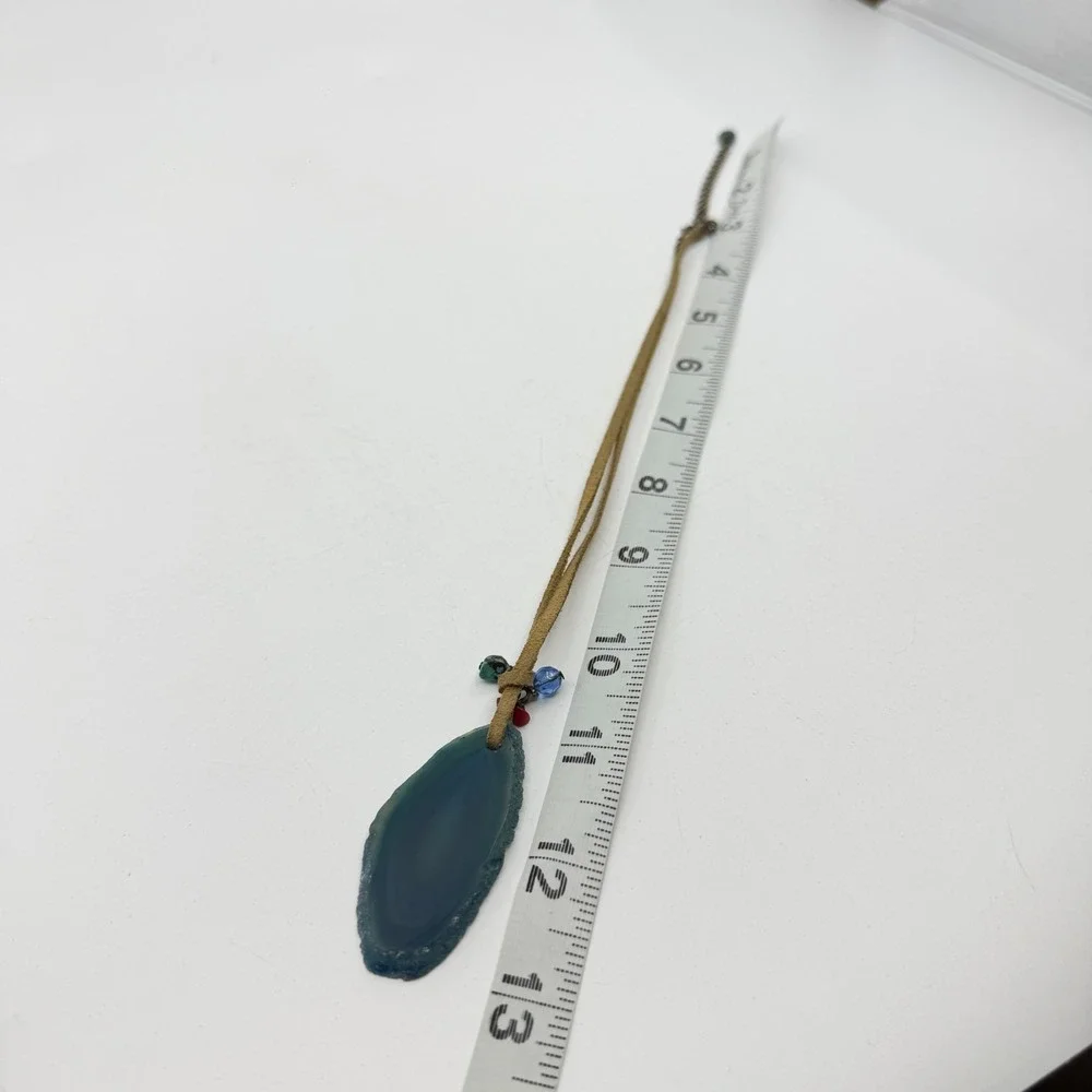 Blue Agate Slice Pendant Necklace Suede Cord Beaded Boho Statement Jewelry Gift